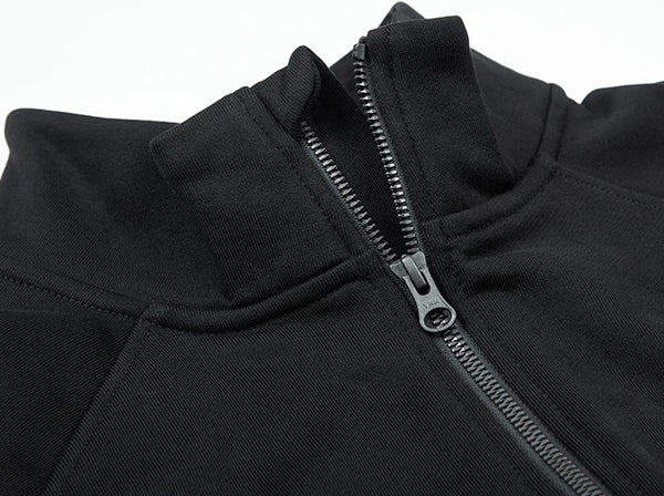 IDLT half zip sweatshirt, black open half zip neckline.