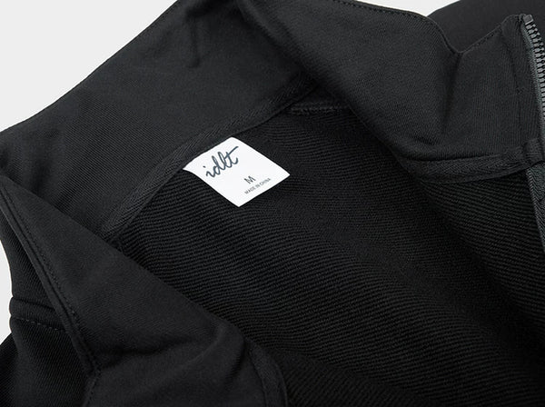 IDLT half zip sweatshirt, black inner neckline label.