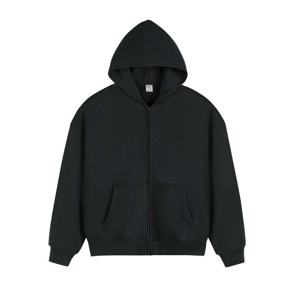 IDLT zip hoodie, black front.