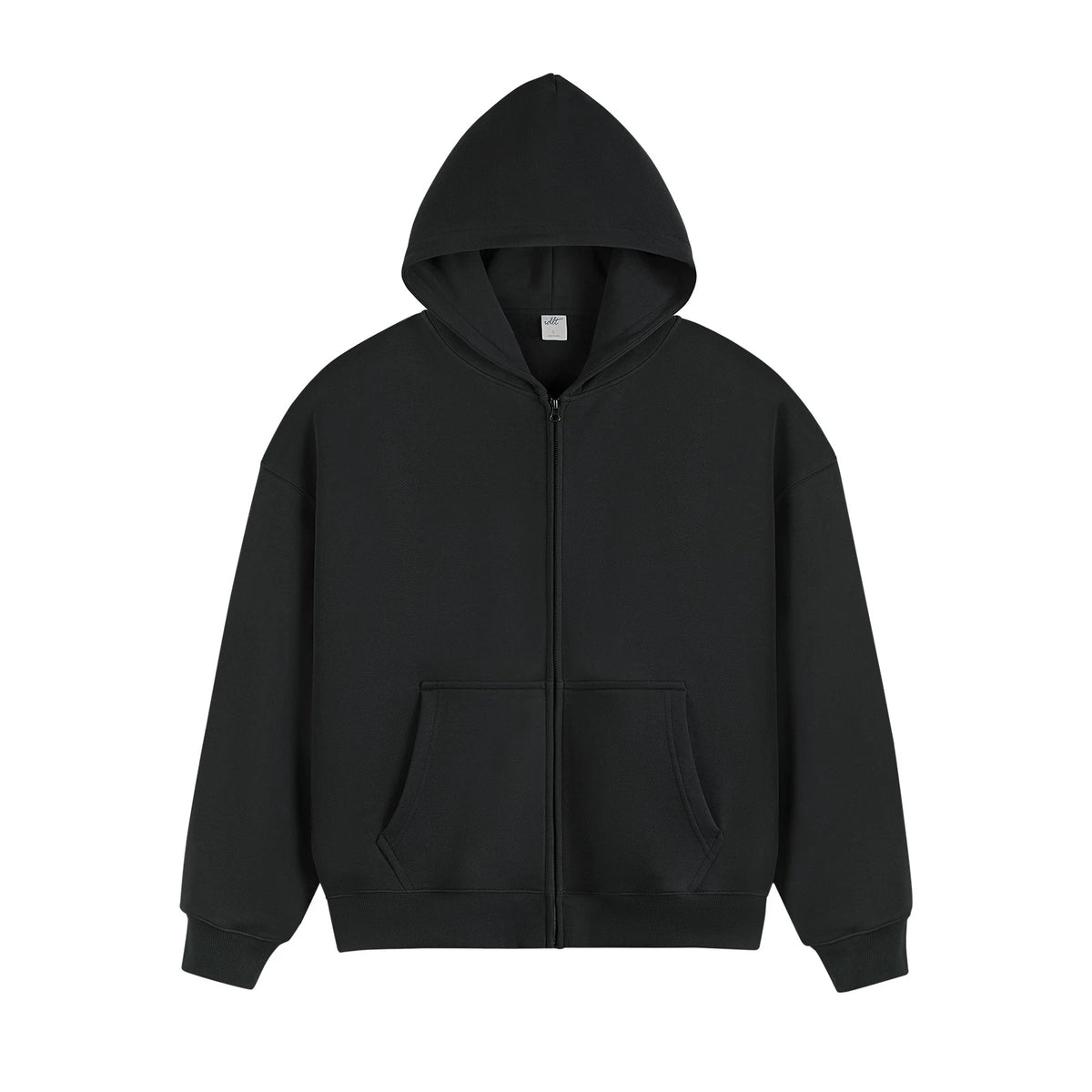 IDLT zip hoodie, black front.