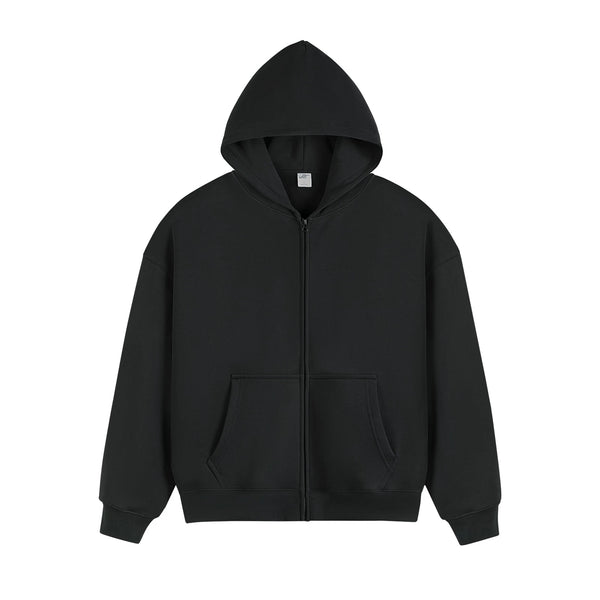 IDLT zip hoodie, black front.
