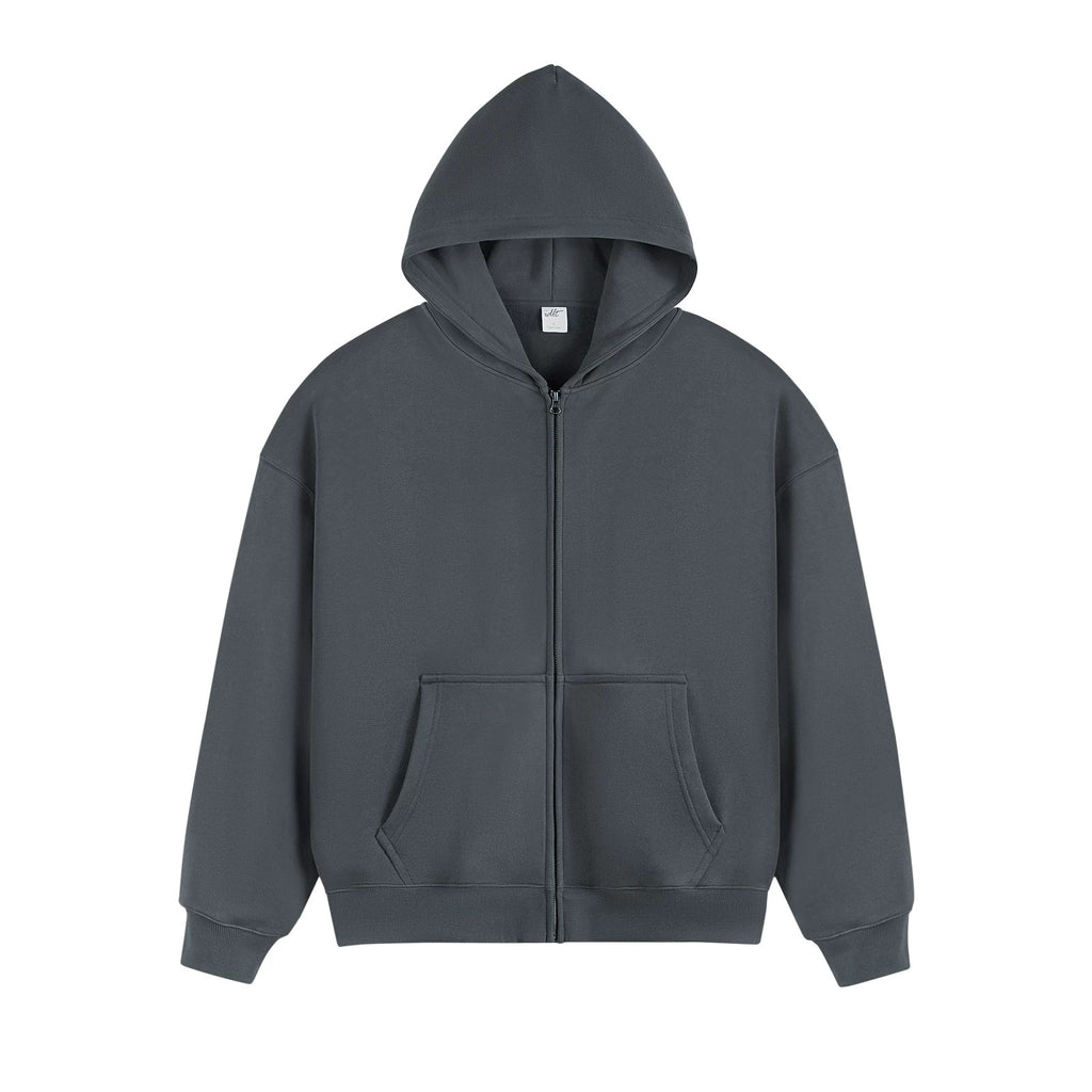 IDLT zip hoodie, blue gray front.