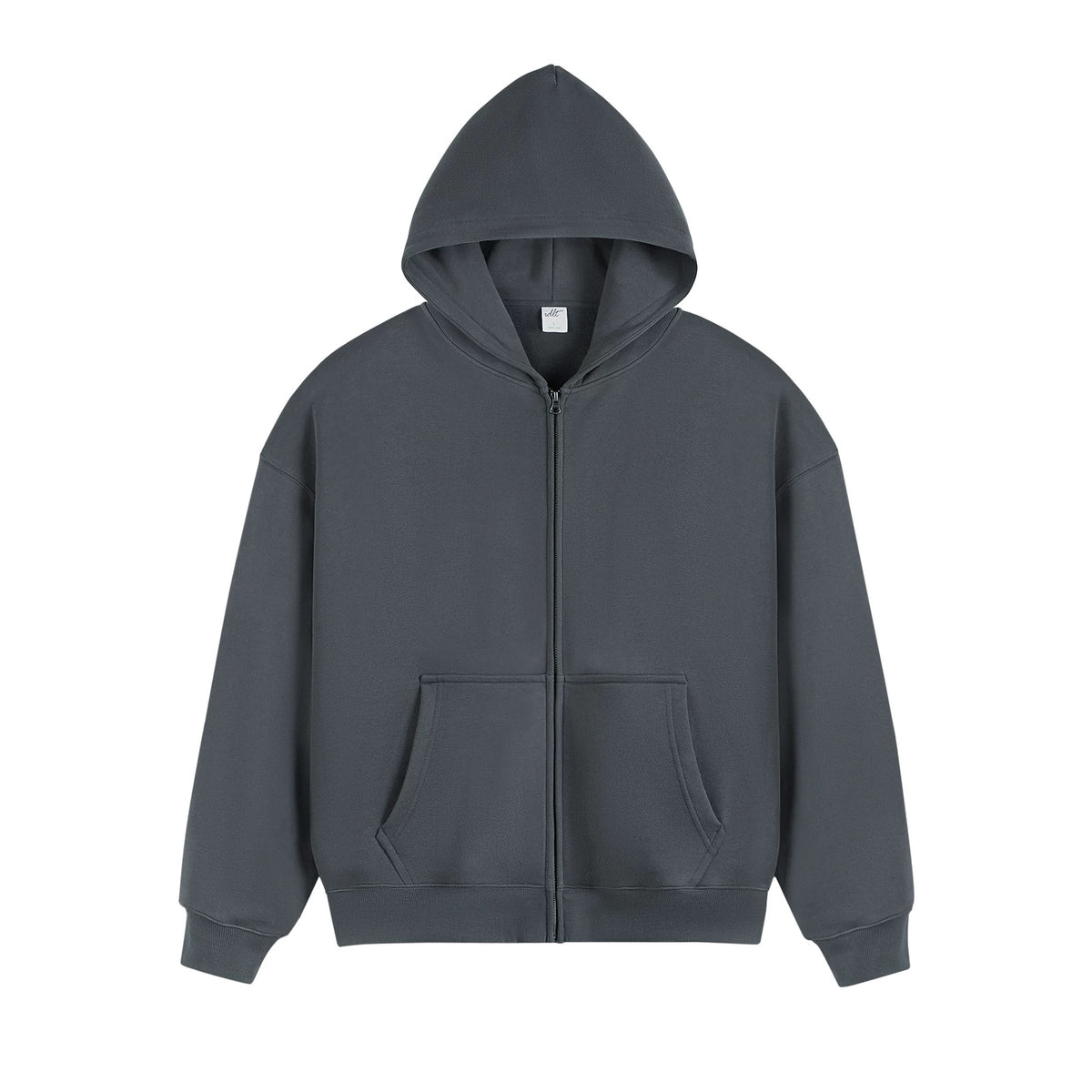 IDLT zip hoodie, blue gray front.