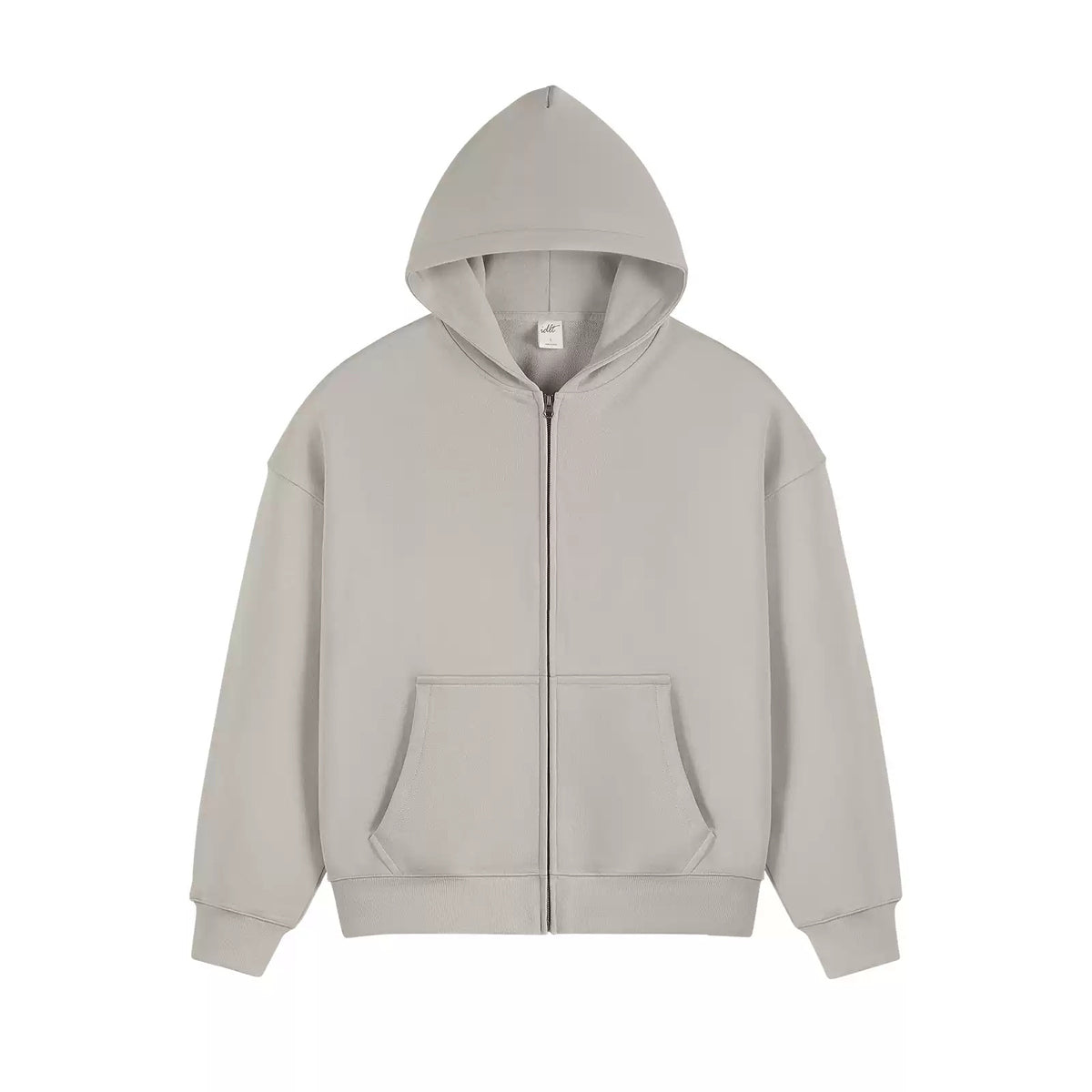 IDLT zip hoodie, beige front laid flat.