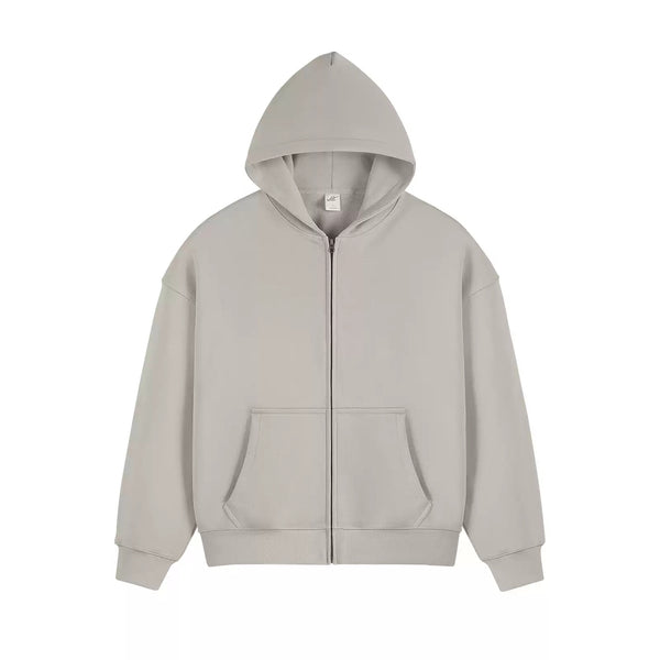 IDLT zip hoodie, beige front laid flat.