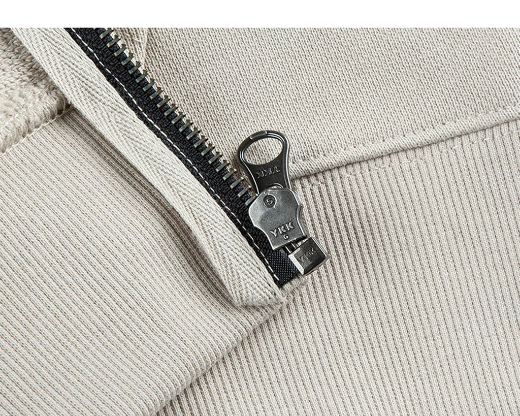 IDLT zip hoodie, beige lower zipper and hem.