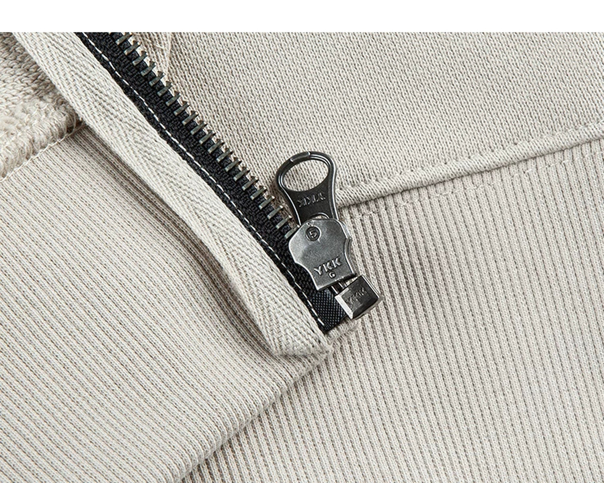IDLT zip hoodie, beige lower zipper and hem.
