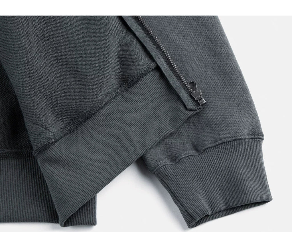 IDLT zip hoodie, blue gray pocket and hem.