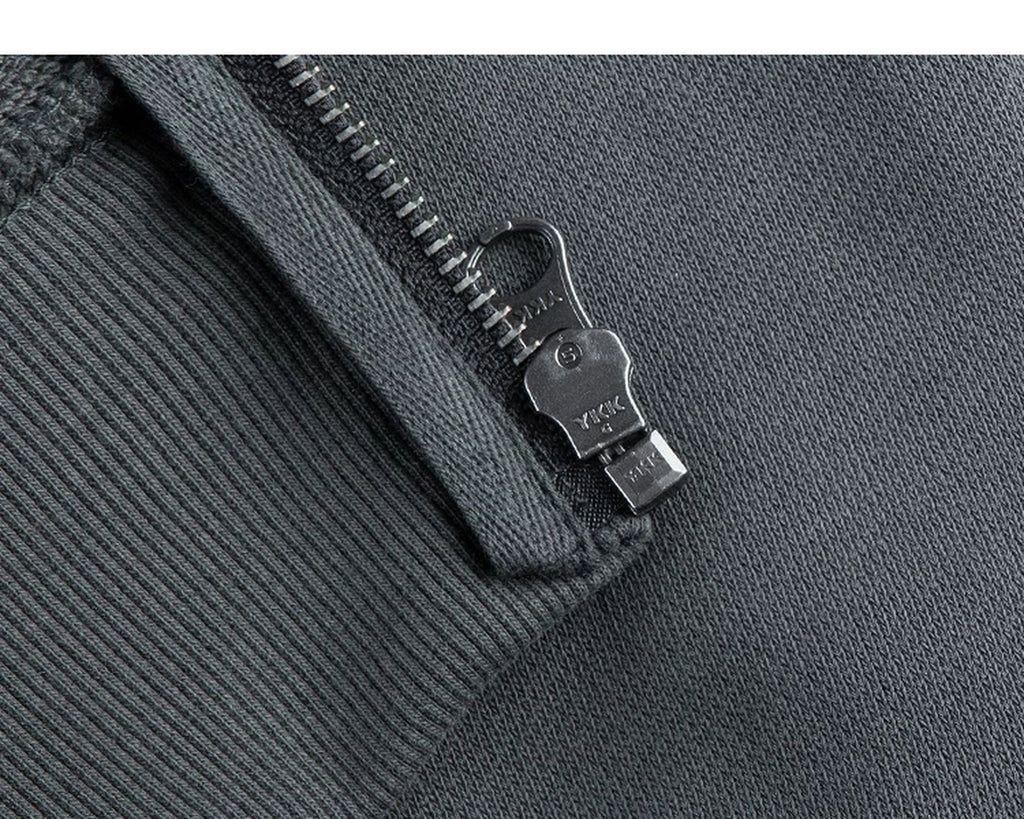 IDLT zip hoodie, blue gray lower zipper.