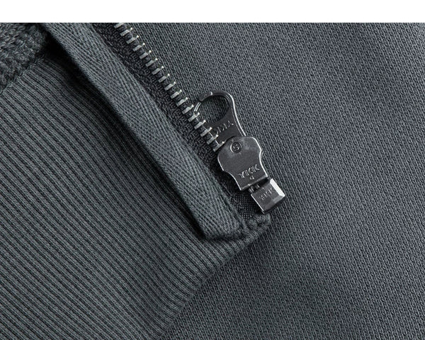 IDLT zip hoodie, blue gray lower zipper.
