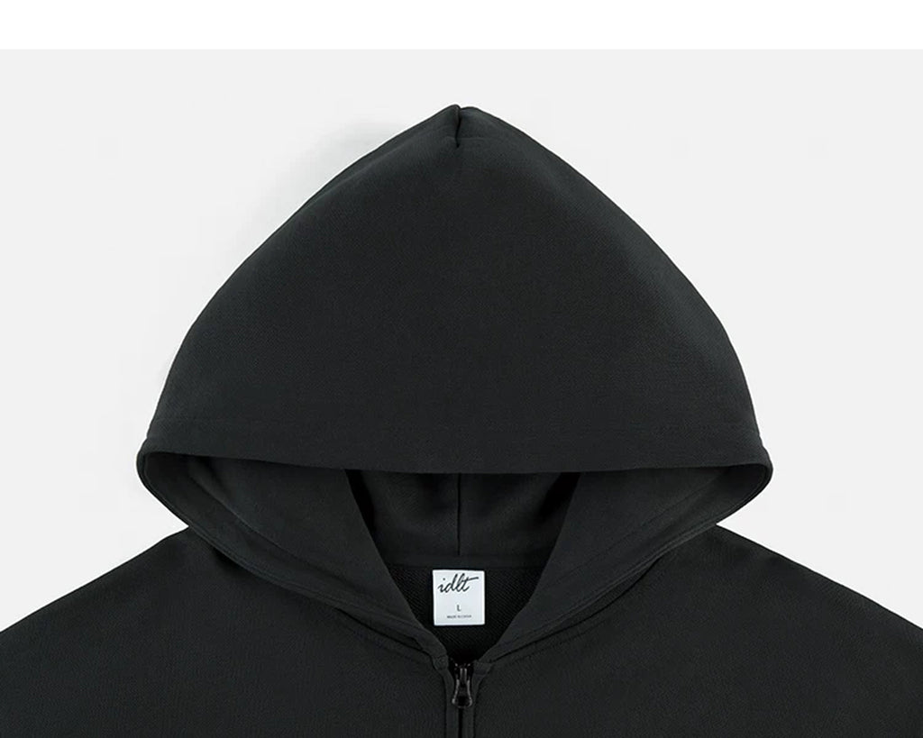 IDLT zip hoodie, black hood.