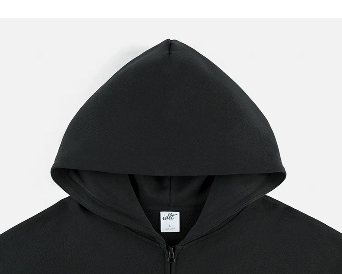IDLT zip hoodie, black hood.