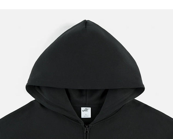 IDLT zip hoodie, black hood.
