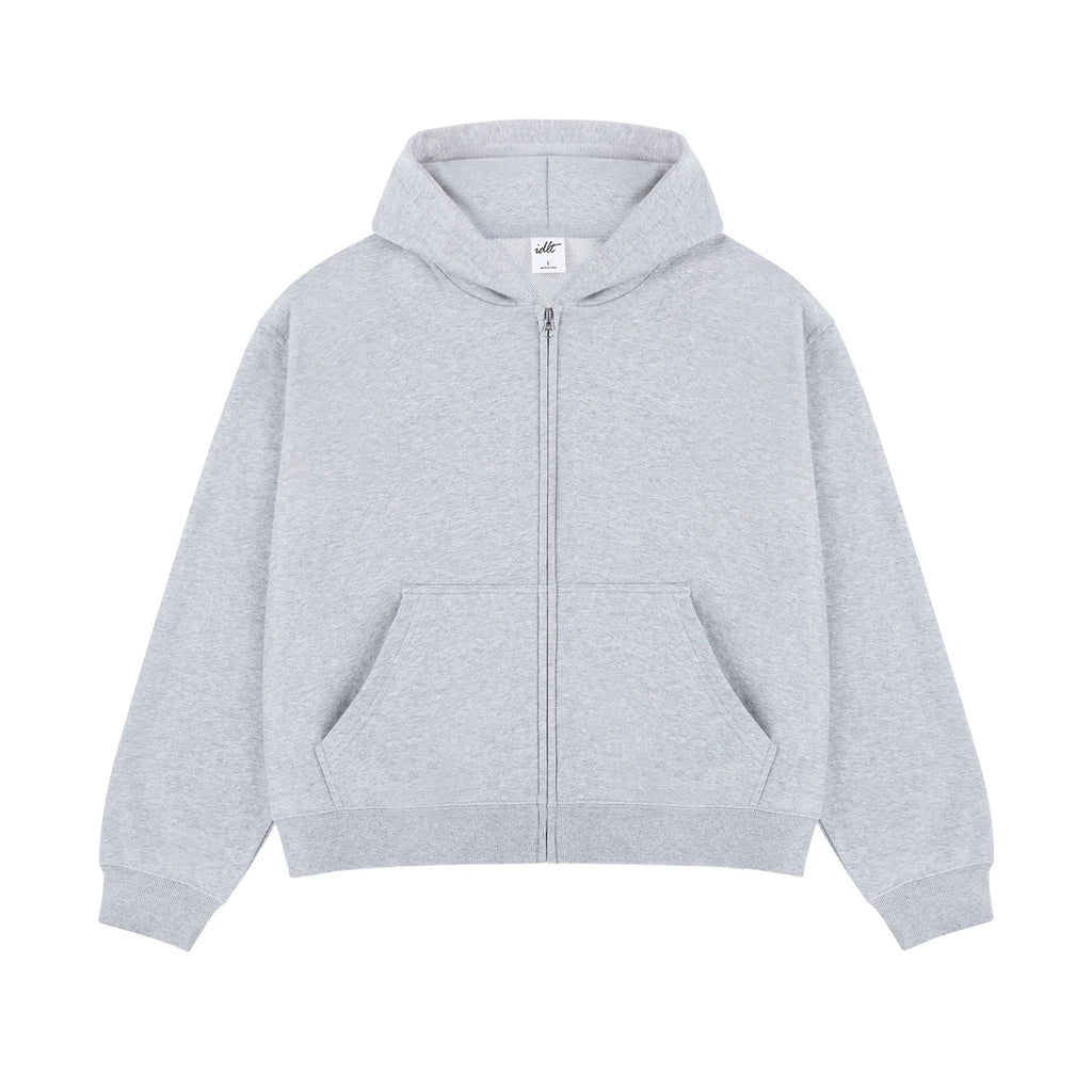 IDLT zip hoodie, heather gray front.