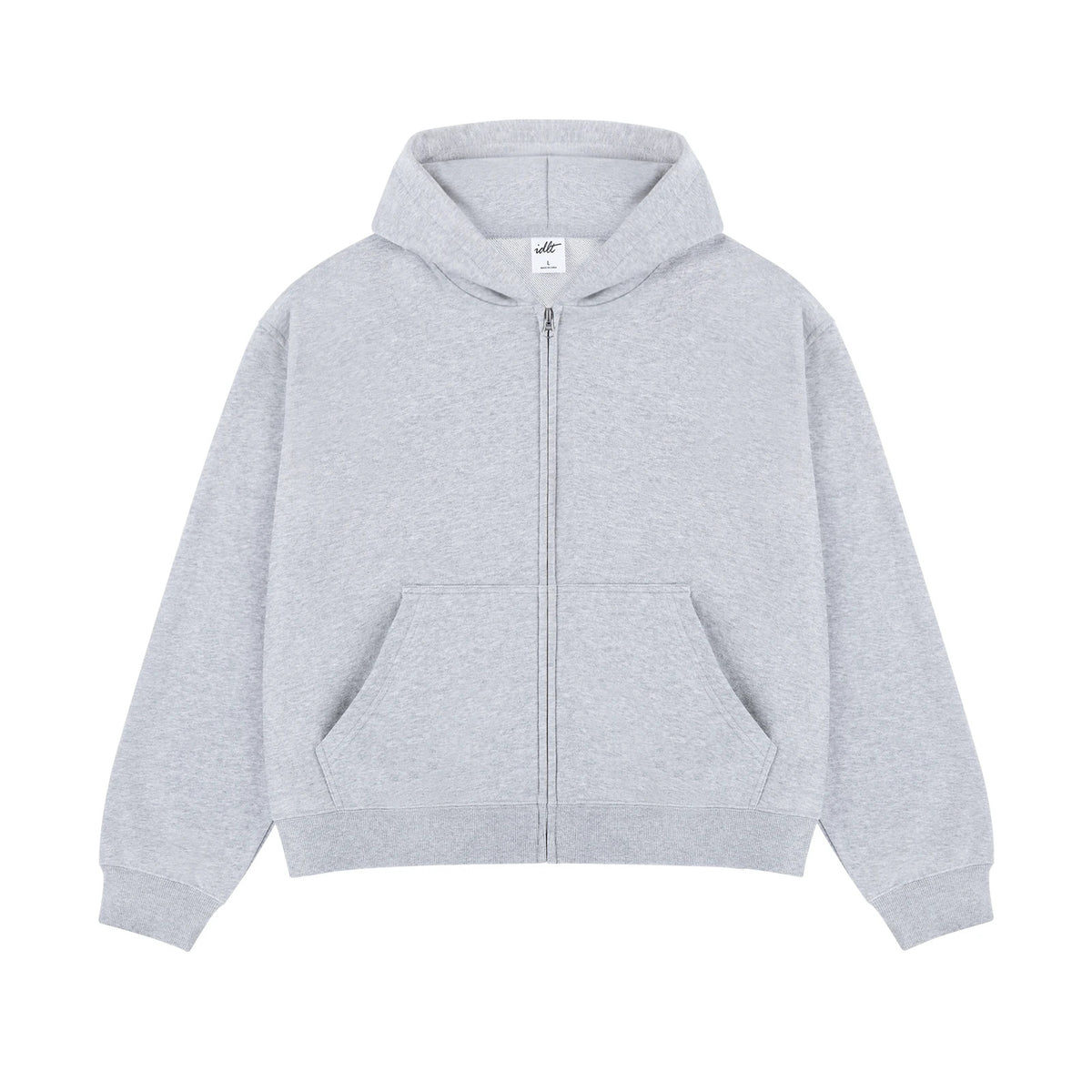 IDLT zip hoodie, heather gray front.
