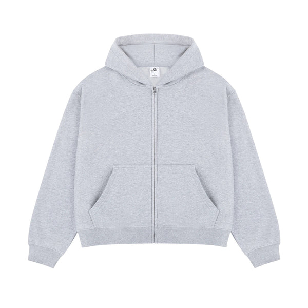 IDLT zip hoodie, heather gray front.