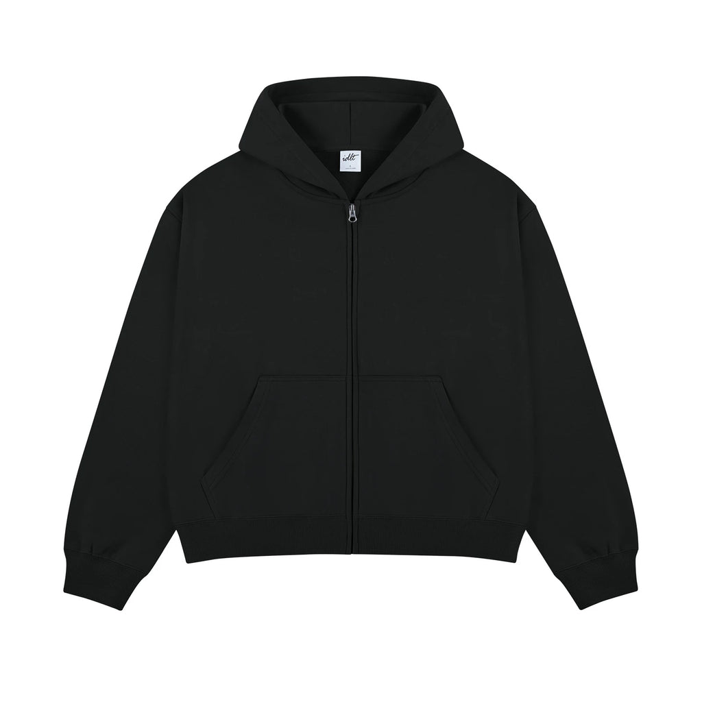 IDLT zip hoodie, black front.