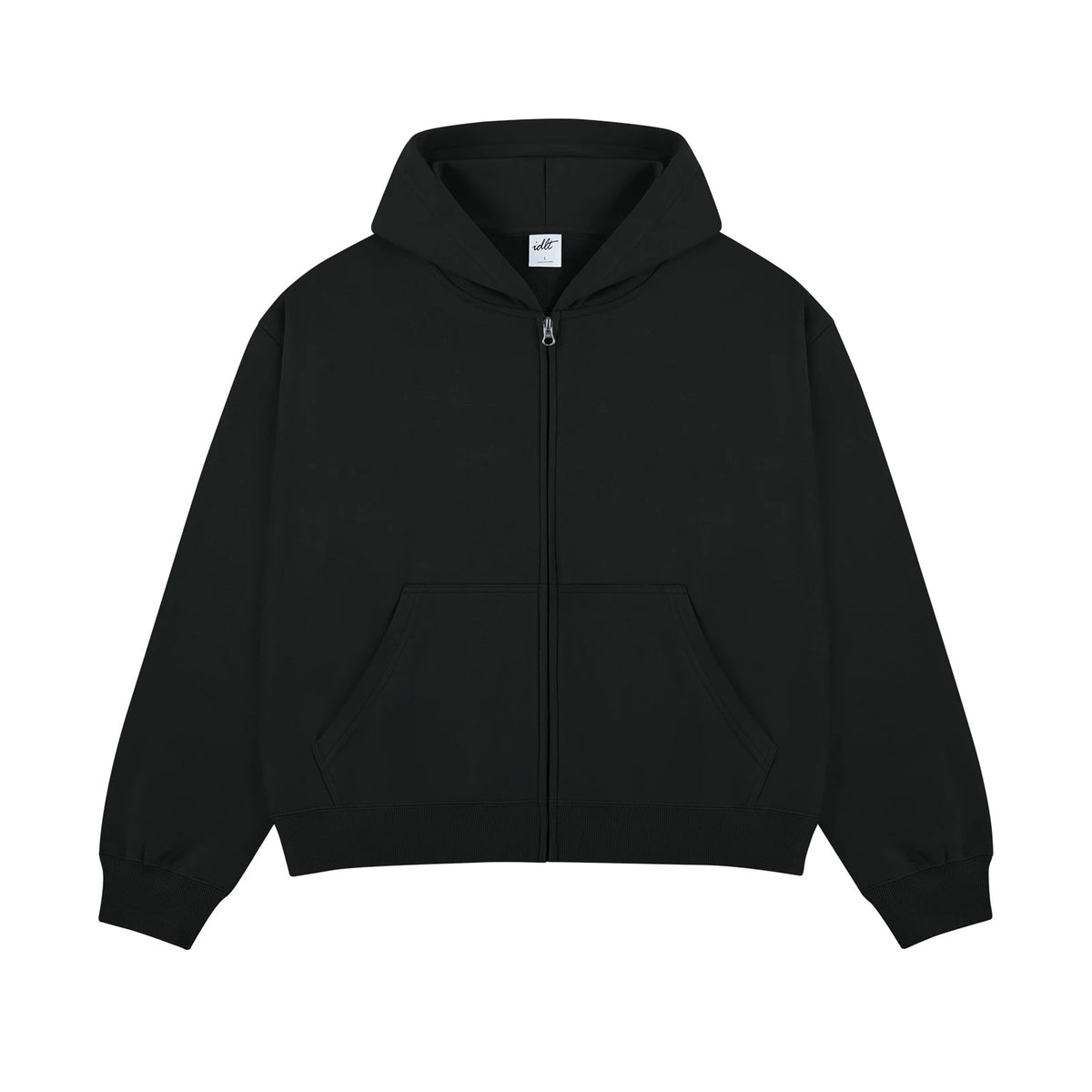 IDLT zip hoodie, black front.
