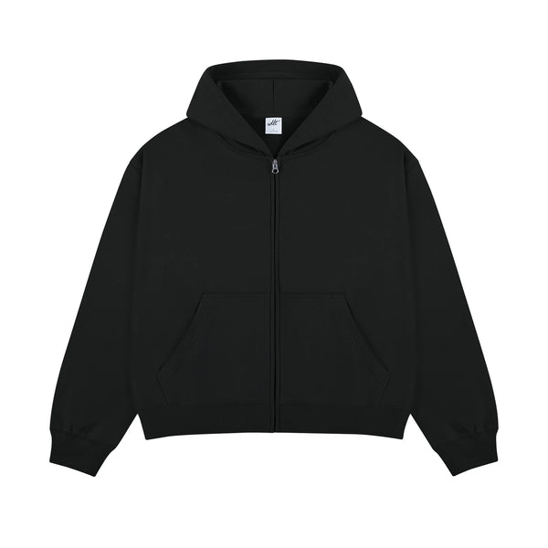IDLT zip hoodie, black front.