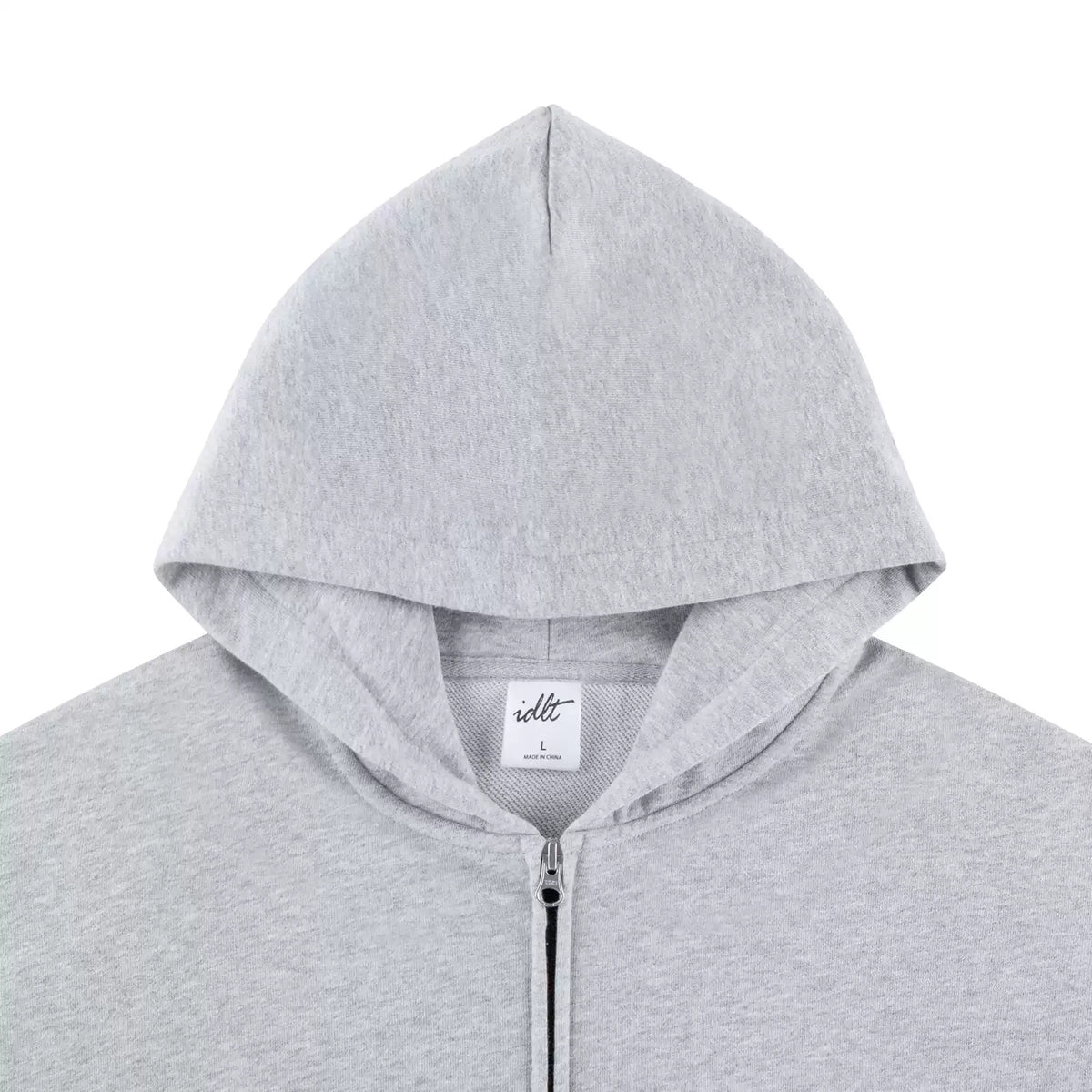 IDLT zip hoodie, heather gray hood.