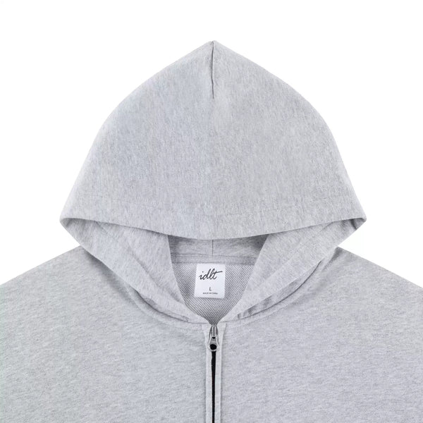 IDLT zip hoodie, heather gray hood.