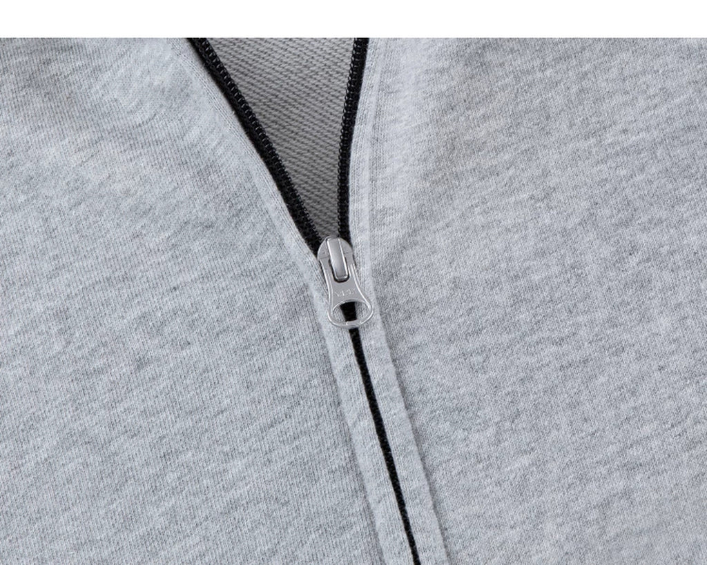 IDLT zip hoodie, heather gray zipper.