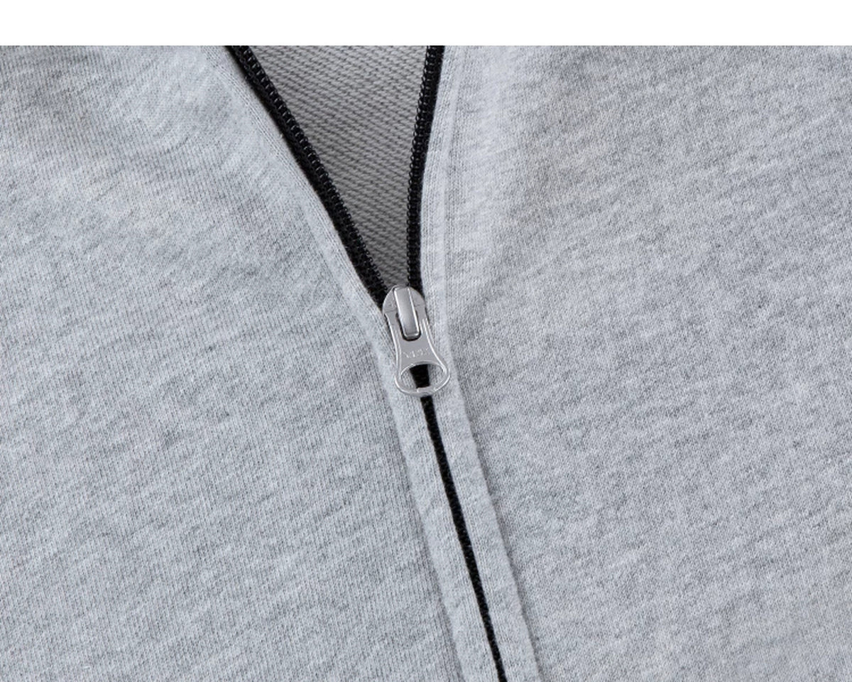 IDLT zip hoodie, heather gray zipper.