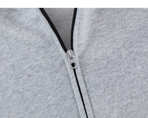 IDLT zip hoodie, heather gray zipper.