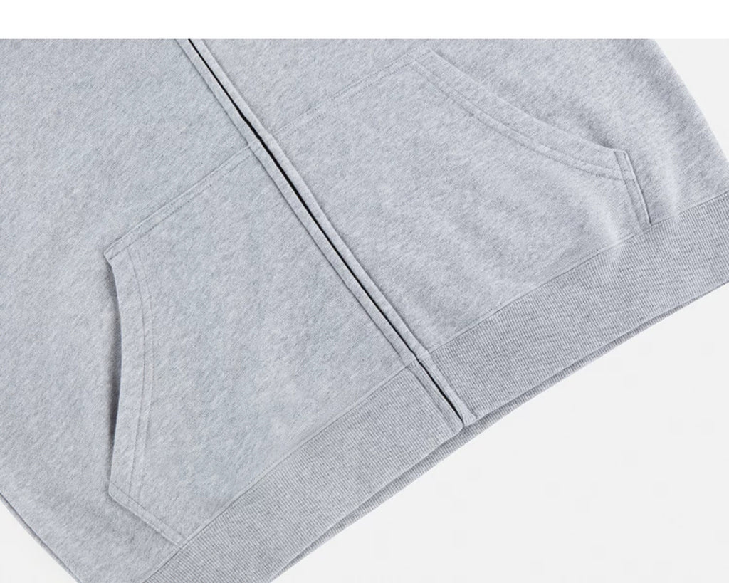 IDLT zip hoodie, heather gray pockets and hem.