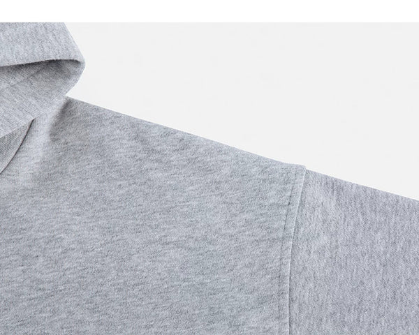 IDLT zip hoodie, heather gray shoulder seam.