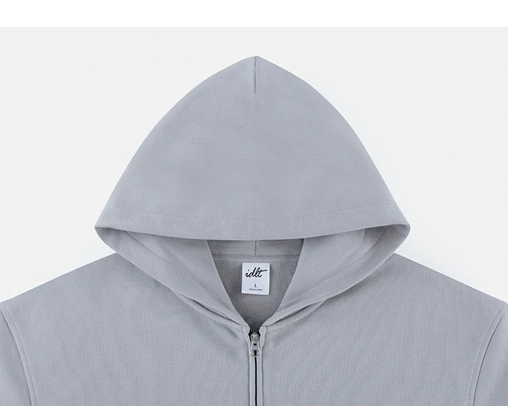 IDLT zip hoodie, light gray hood.