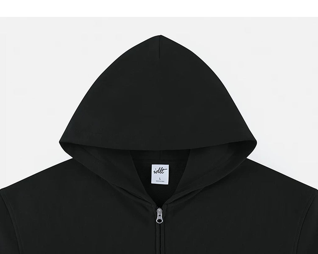 IDLT zip hoodie, black hood.