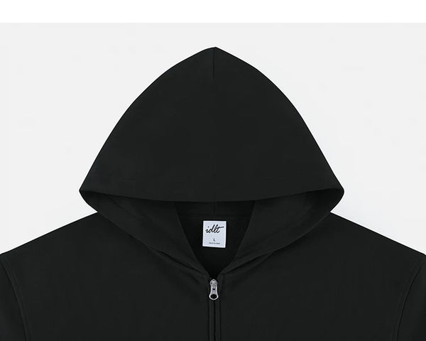 IDLT zip hoodie, black hood.