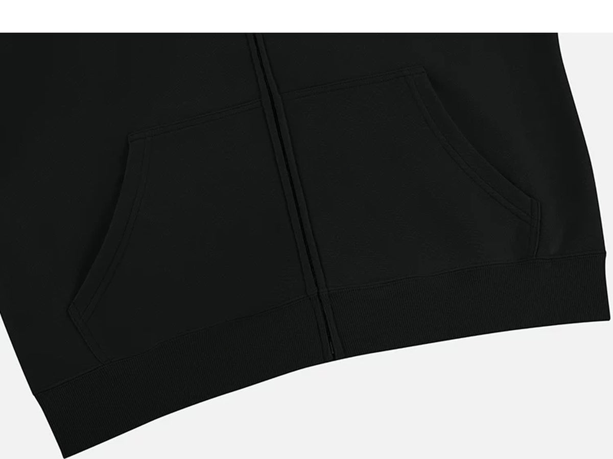 IDLT zip hoodie, black pockets and hem.