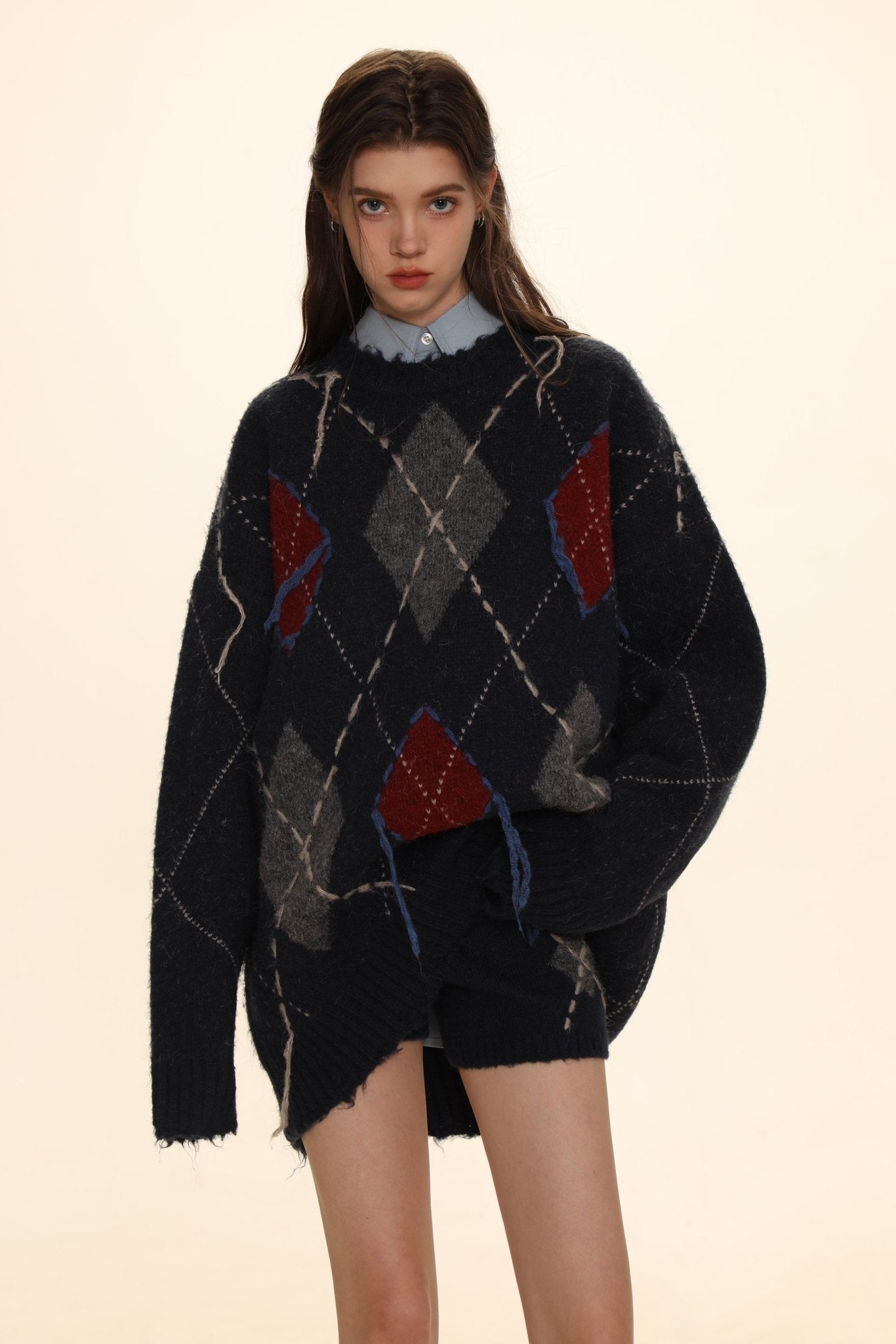 Diamond Pattern Crew Neck Knit Sweater - COPPING THREADS - MOROMORO Hauptbild