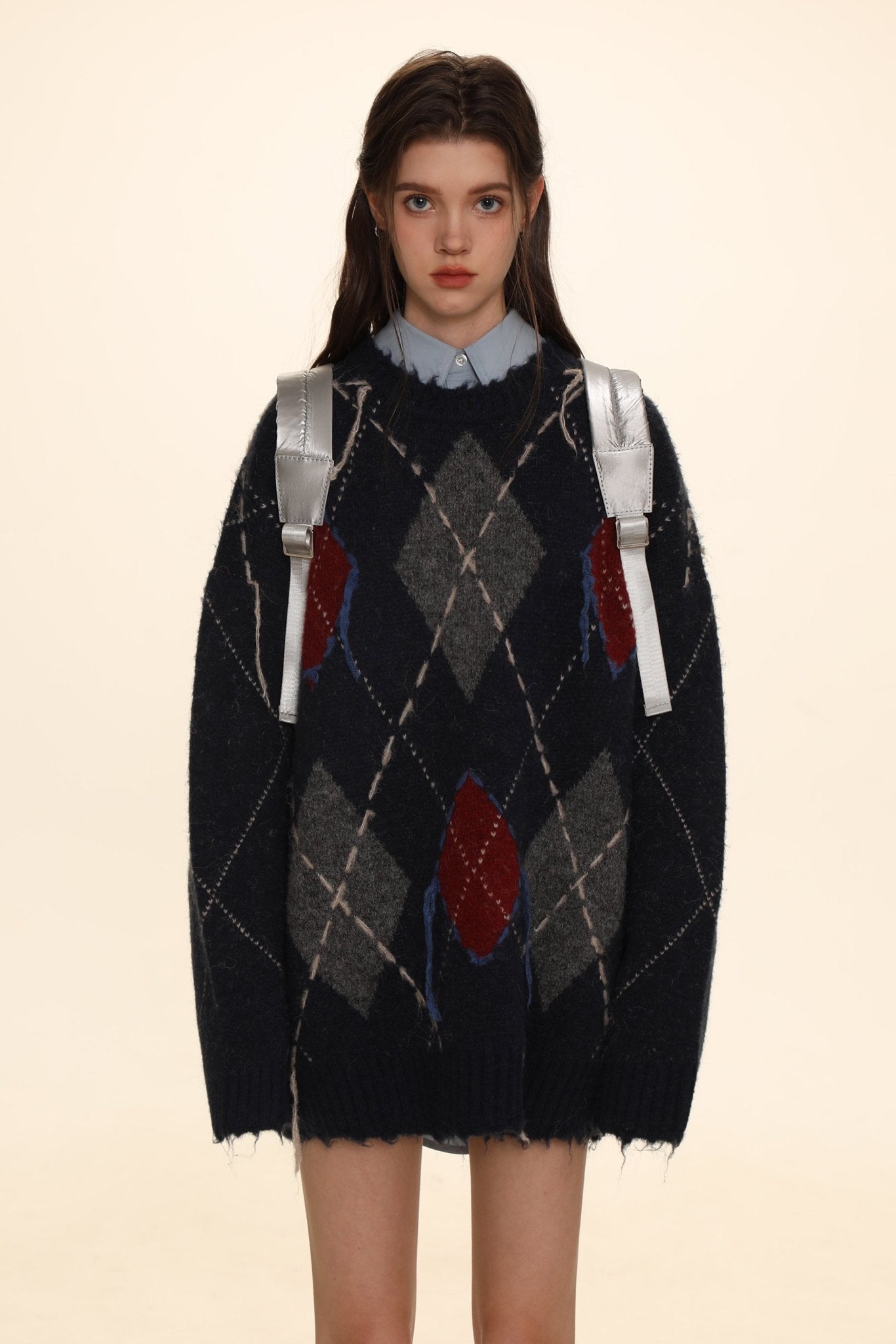 Diamond Pattern Crew Neck Knit Sweater - COPPING THREADS - MOROMORO