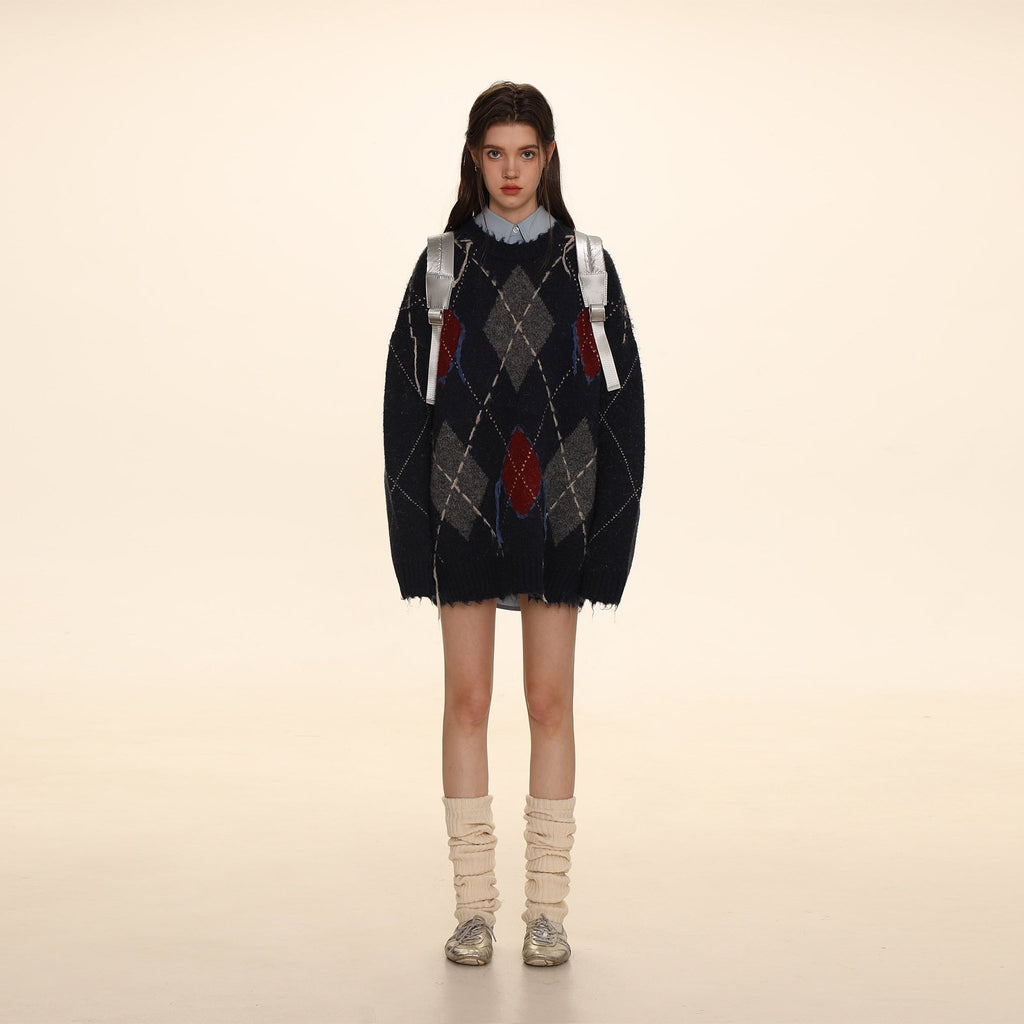 Diamond Pattern Crew Neck Knit Sweater - COPPING THREADS - MOROMORO