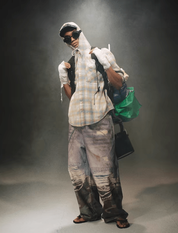 Digitaldruck Camouflage 3D Lagen Faux Zweiteiler Denim Zweitbild