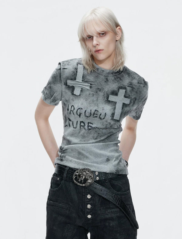 Distressed Cross Studded Fitted T-Shirt - COPPING THREADS - Argue Culture