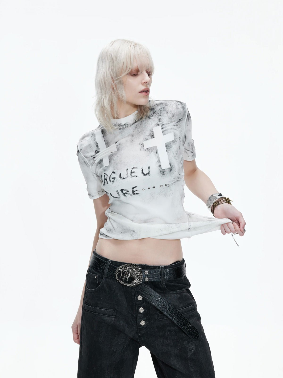 Distressed Cross Studded Fitted T-Shirt - COPPING THREADS - Argue Culture