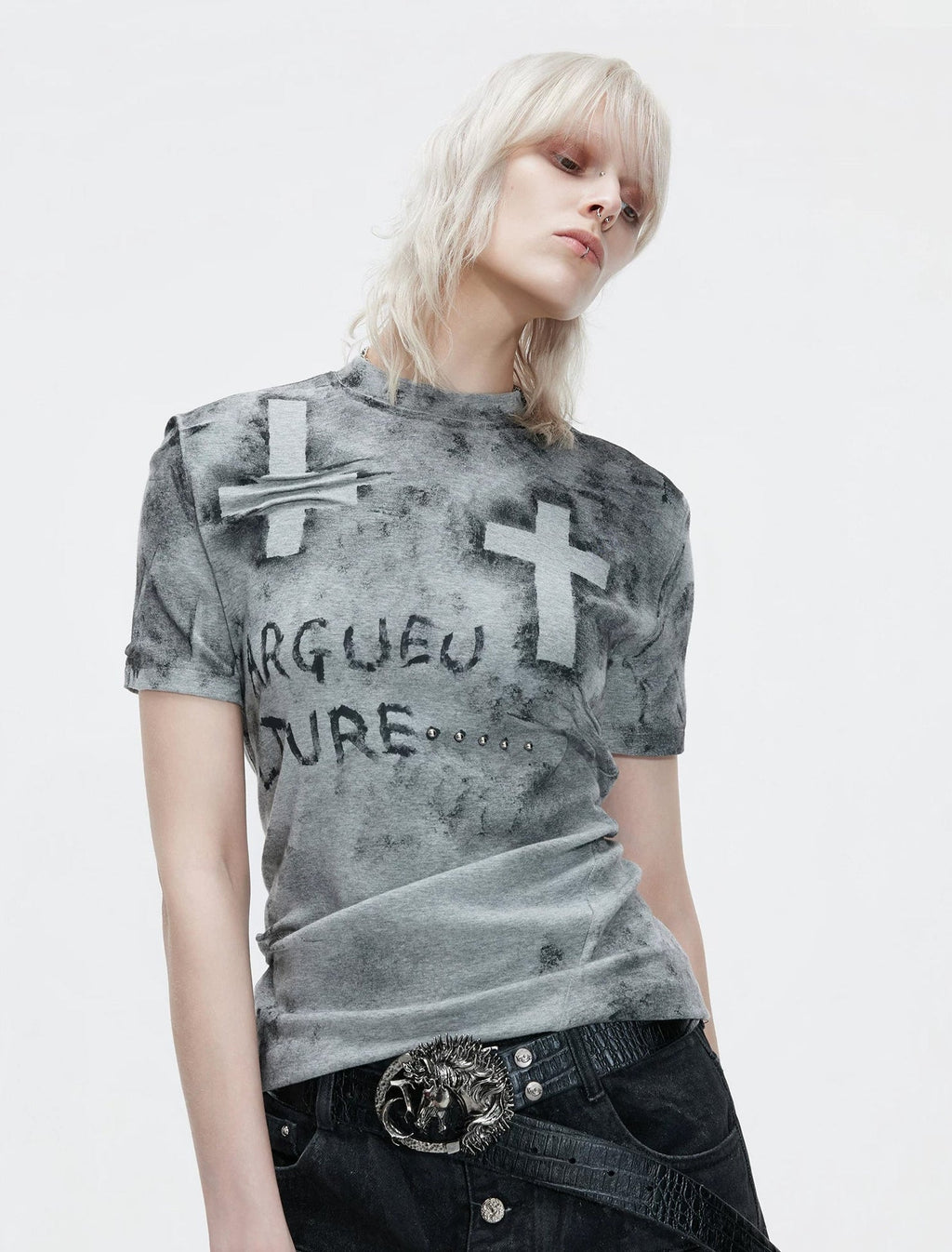 Distressed Cross Studded Fitted T-Shirt - COPPING THREADS - Argue Culture