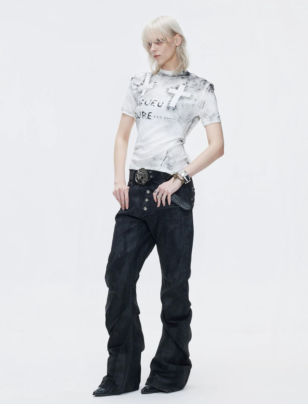 Distressed Cross Studded Fitted T-Shirt - COPPING THREADS - Argue Culture
