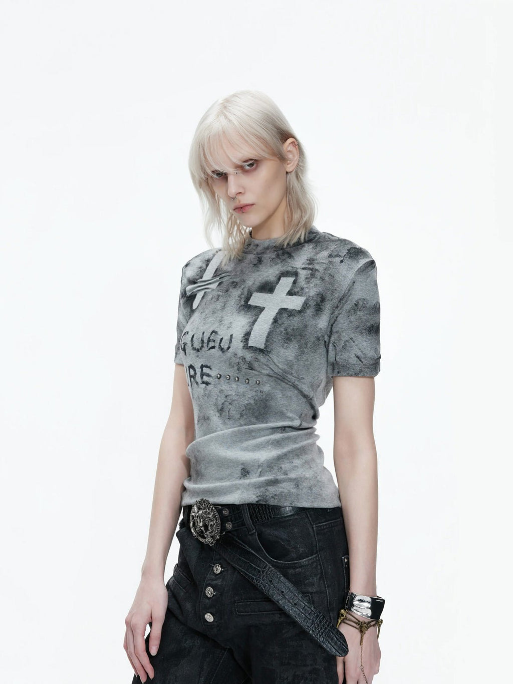 Distressed Cross Studded Fitted T-Shirt - COPPING THREADS - Argue Culture
