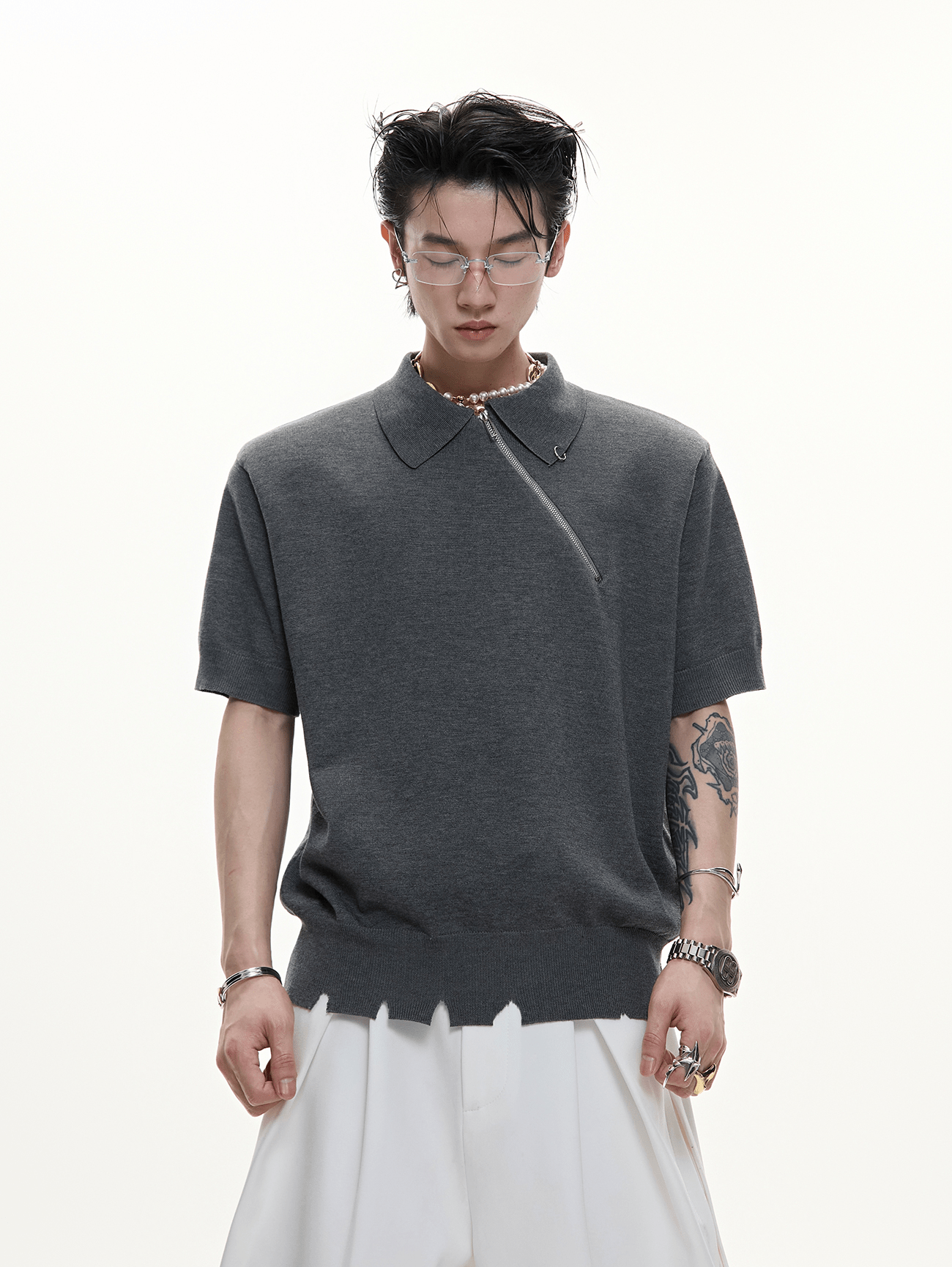 Distressed Hem Zipper Knit Polo Tee - COPPING THREADS - ArguE CulturE