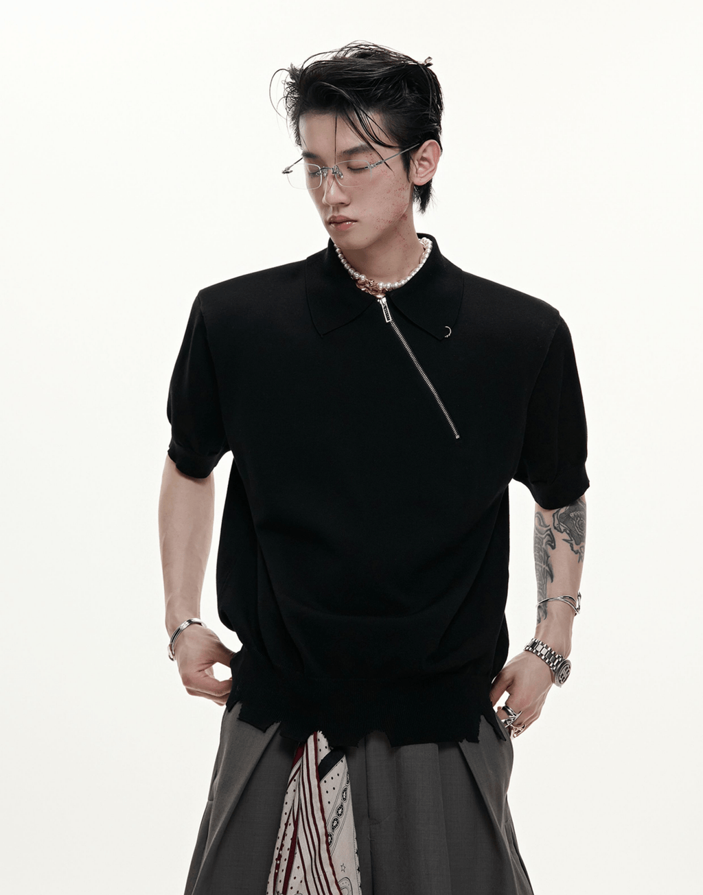 Distressed Hem Zipper Knit Polo Tee - COPPING THREADS - ArguE CulturE