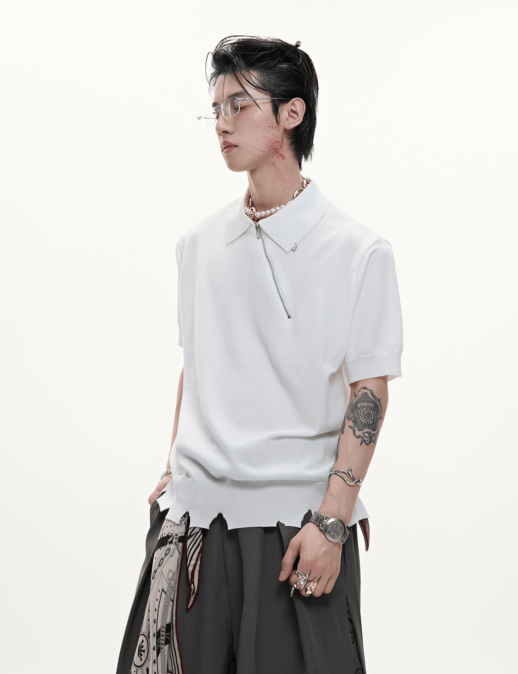 Distressed Hem Zipper Knit Polo Tee - COPPING THREADS - ArguE CulturE