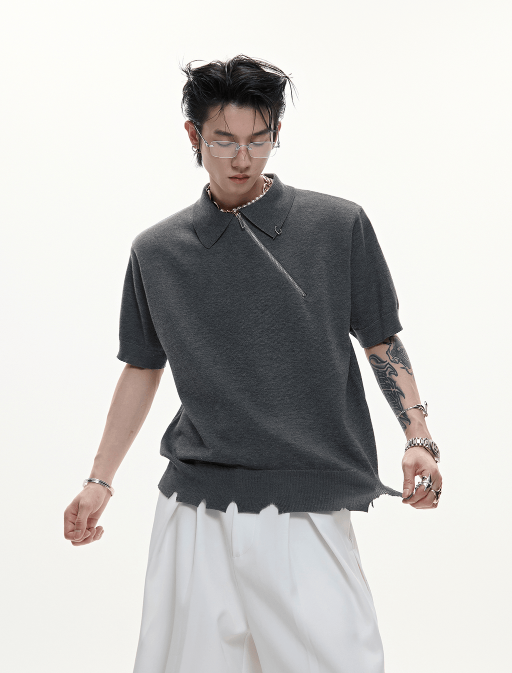 Distressed Hem Zipper Knit Polo Tee - COPPING THREADS - ArguE CulturE