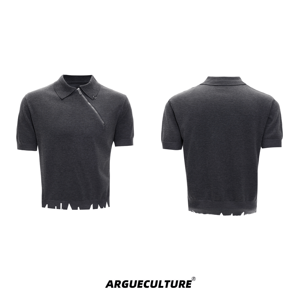 Distressed Hem Zipper Knit Polo Tee - COPPING THREADS - ArguE CulturE
