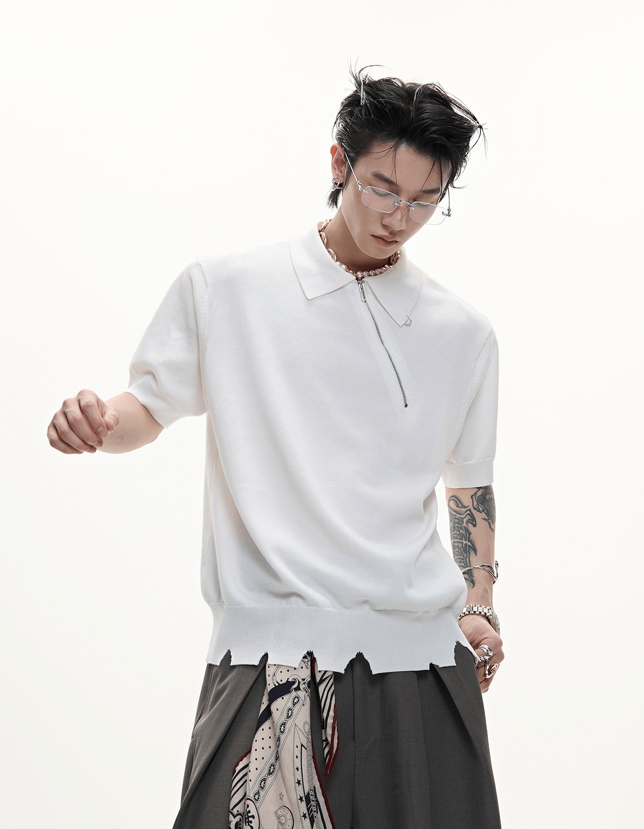 Distressed Hem Zipper Knit Polo Tee - COPPING THREADS - ArguE CulturE