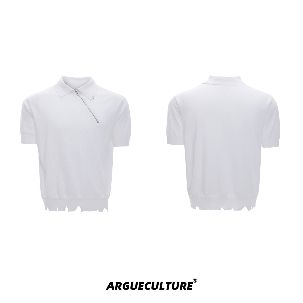 Distressed Hem Zipper Knit Polo Tee - COPPING THREADS - ArguE CulturE